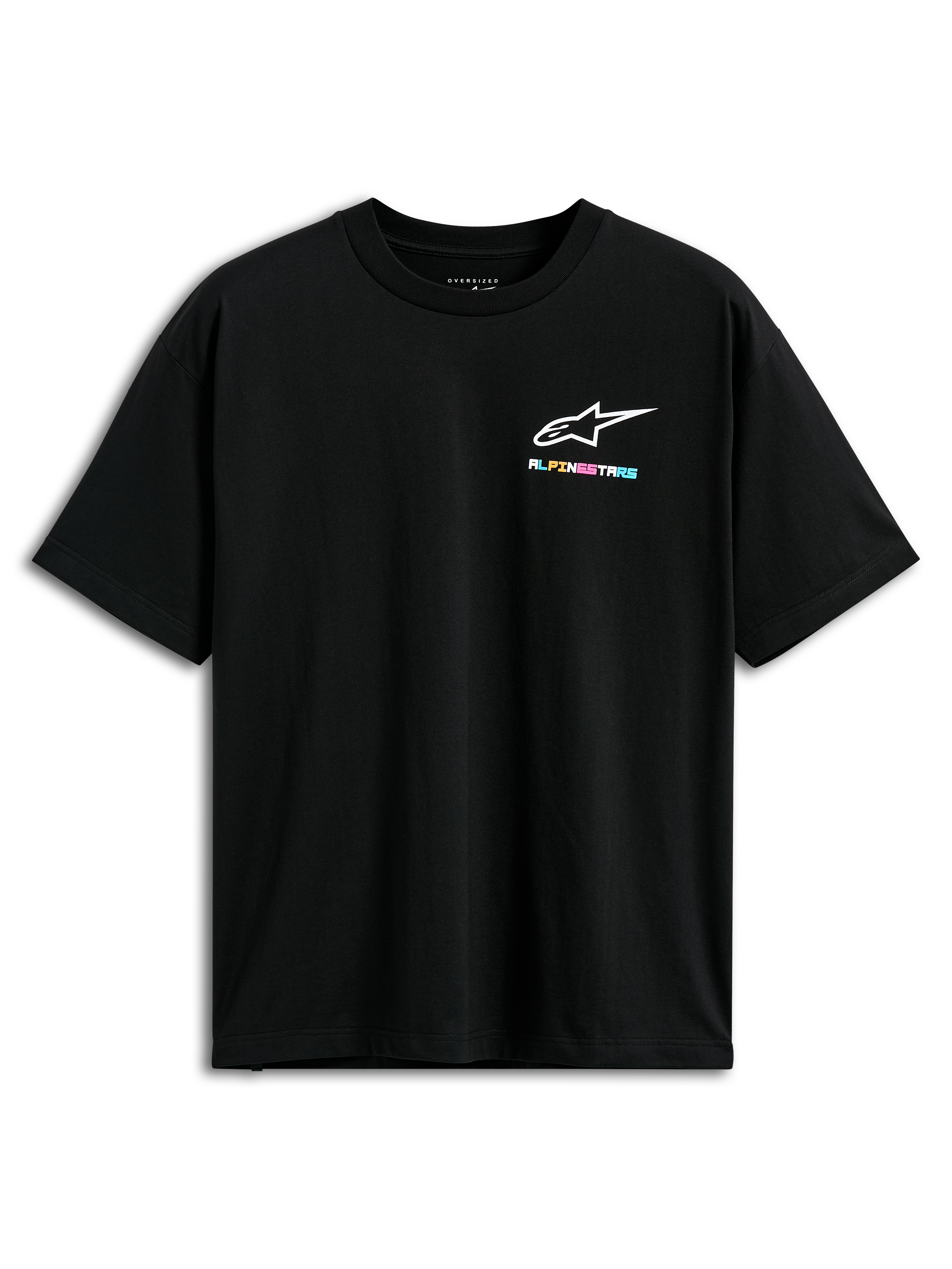 Alpinestars Wild Oversized CSF Tee, Short Sleeve T-Shirt, Black, featuring a small vibrant multi-colored Alpinestars logo on the chest, oversized fit, casual streetwear