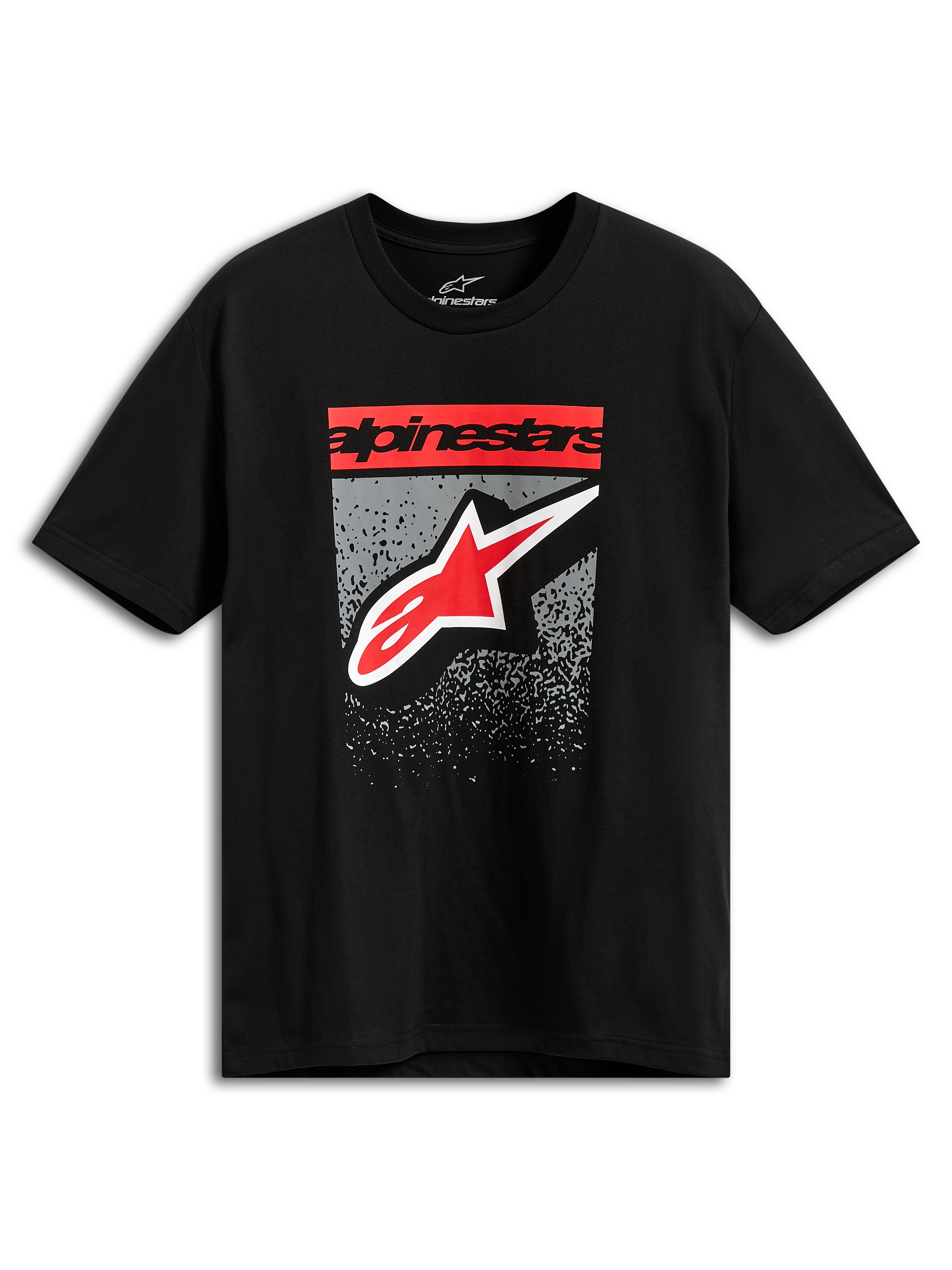 Alpinestars Noka CSF Tee, camiseta de manga corta, negra, texto de bloque Alpinestars en rojo y logo de la estrella con gráfico degradado MX en gris, ropa casual de estilo automovilismo