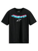 Alpinestars Ellipsoid CSF Tee, camiseta de manga corta, negra, palabra Astars curvada en color turquesa con degradado rosa y logotipo blanco, ropa deportiva casual de automovilismo