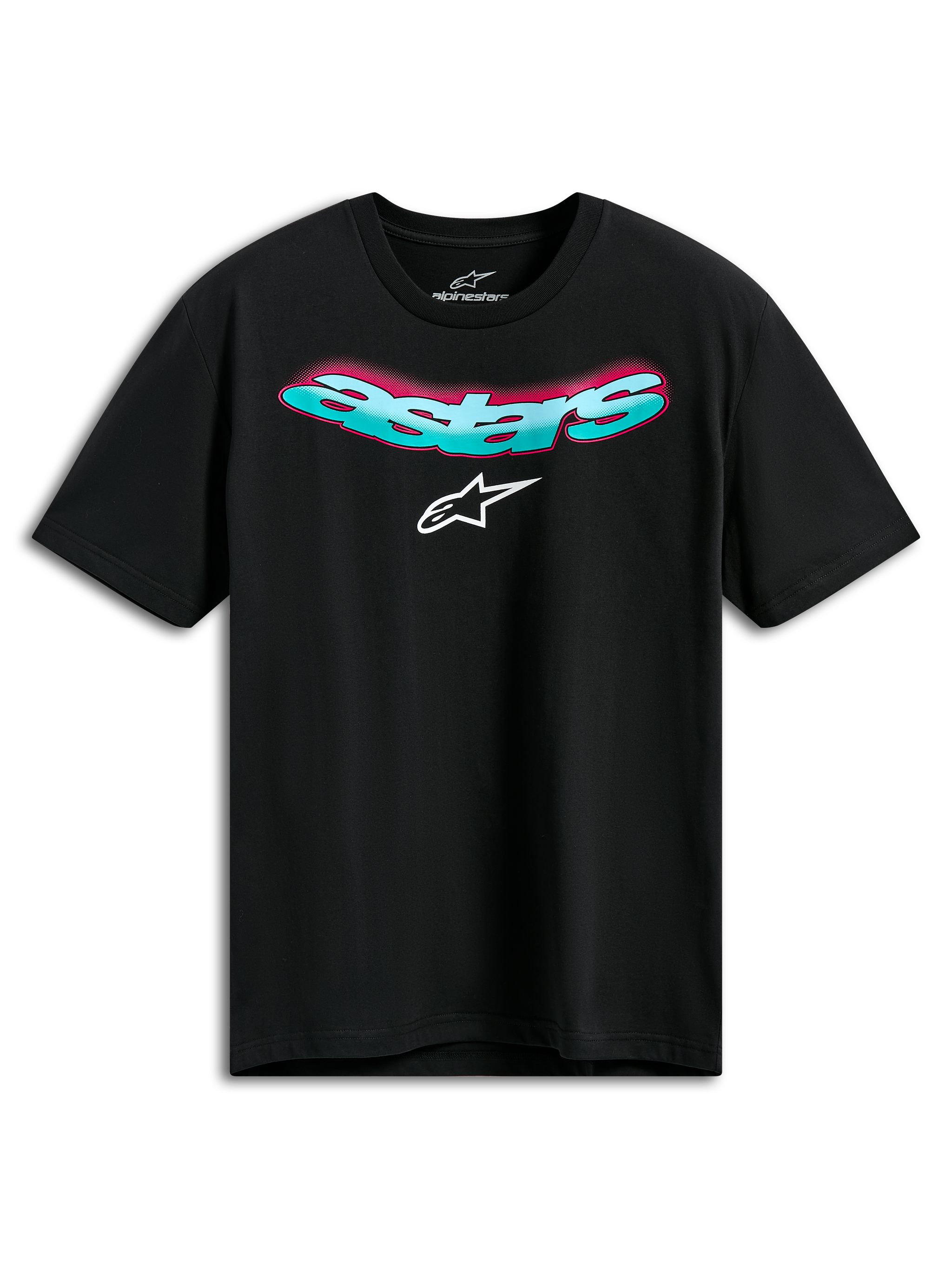 Alpinestars Ellipsoid CSF Tee, camiseta de manga corta, negra, palabra Astars curvada en color turquesa con degradado rosa y logotipo blanco, ropa deportiva casual de automovilismo