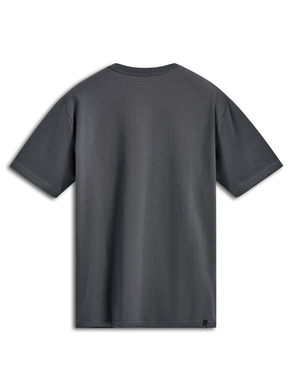 Alpinestars Ellipsoid CSF Tee, camiseta de manga corta, gris carbón, vista trasera, diseño liso con pequeña etiqueta de logo negra en el dobladillo, ropa deportiva casual
