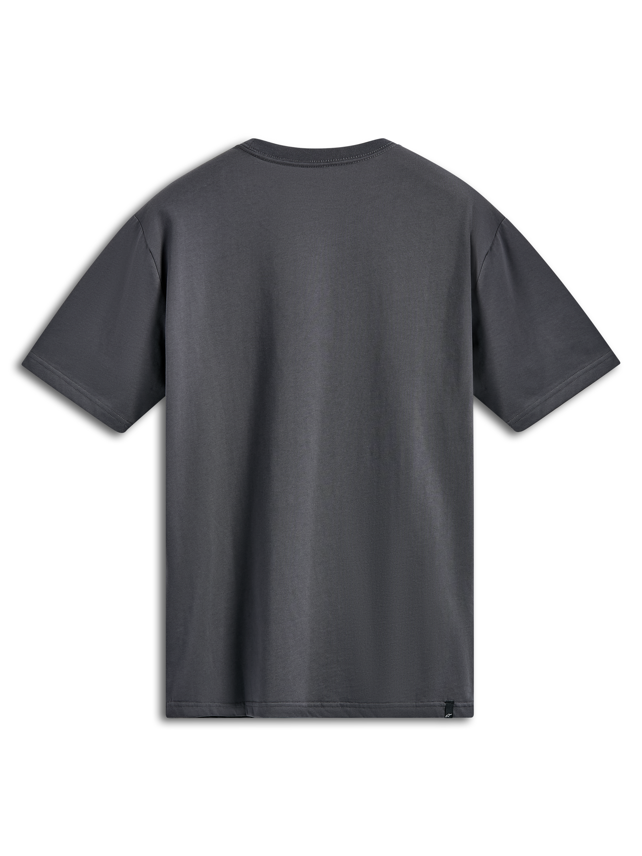 Alpinestars Ellipsoid CSF Tee, camiseta de manga corta, gris carbón, vista trasera, diseño liso con pequeña etiqueta de logo negra en el dobladillo, ropa deportiva casual