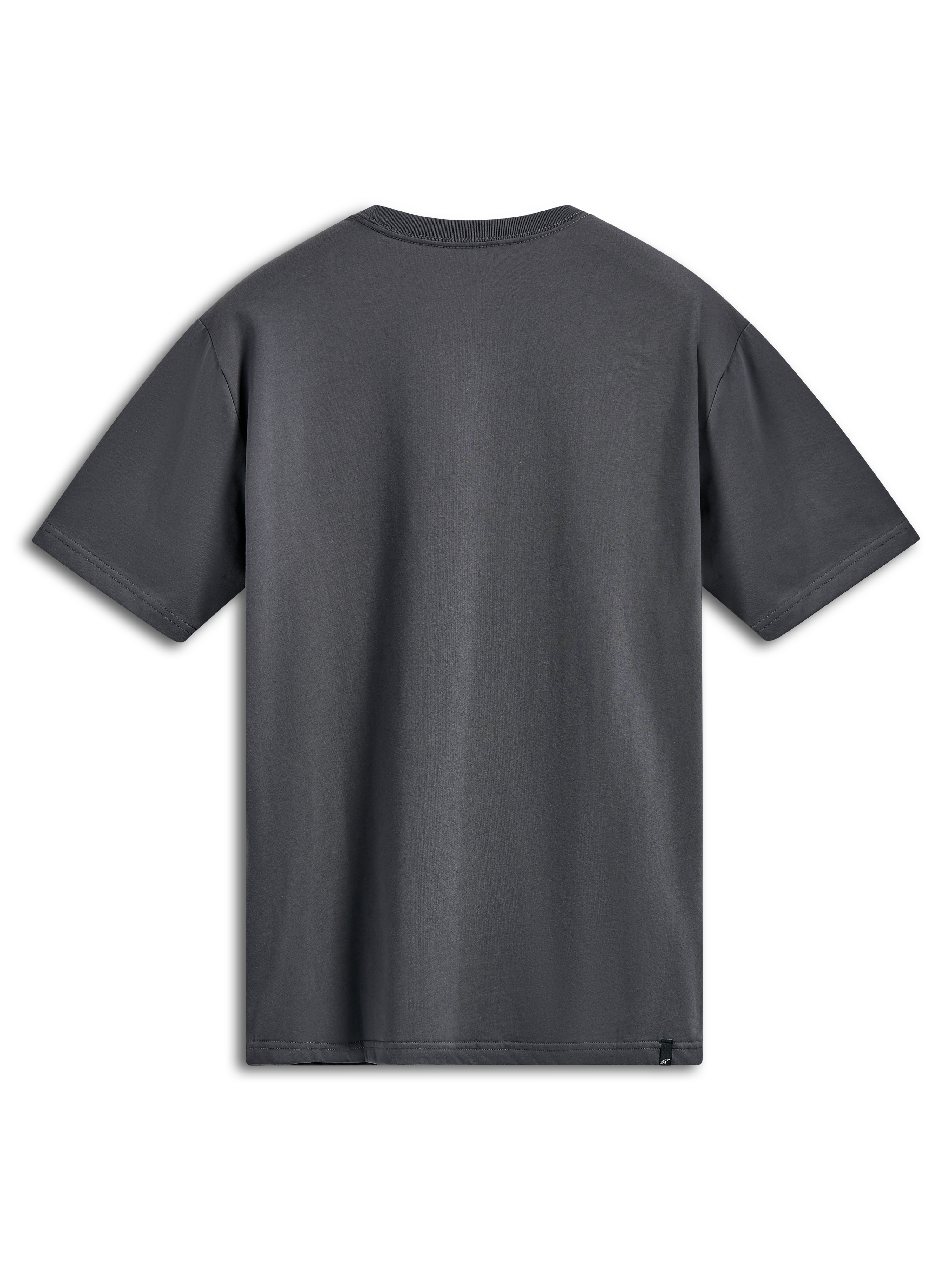 Alpinestars Ellipsoid CSF Tee, camiseta de manga corta, gris carbón, vista trasera, diseño liso con pequeña etiqueta de logo negra en el dobladillo, ropa deportiva casual