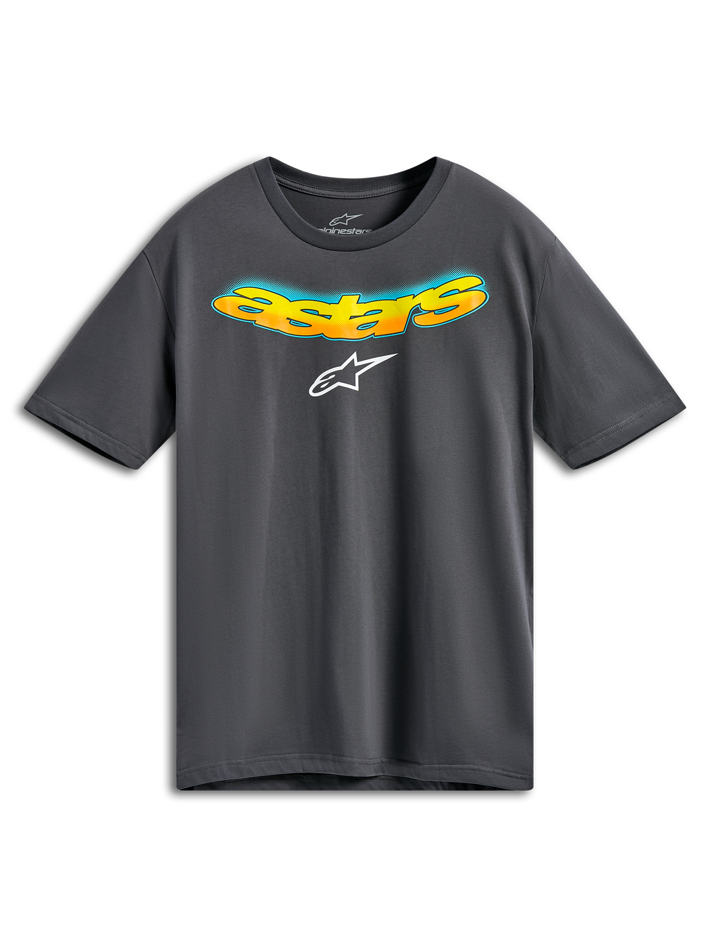 Alpinestars Ellipsoid CSF Tee, camiseta de manga corta, gris carbón, palabra Astars curvada en el frente con degradado naranja y amarillo y detalles de semitono azul, logo de Alpinestars blanco, ropa deportiva casual