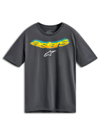 Alpinestars Ellipsoid CSF Tee, camiseta de manga corta, gris carbón, palabra Astars curvada en el frente con degradado naranja y amarillo y detalles de semitono azul, logo de Alpinestars blanco, ropa deportiva casual