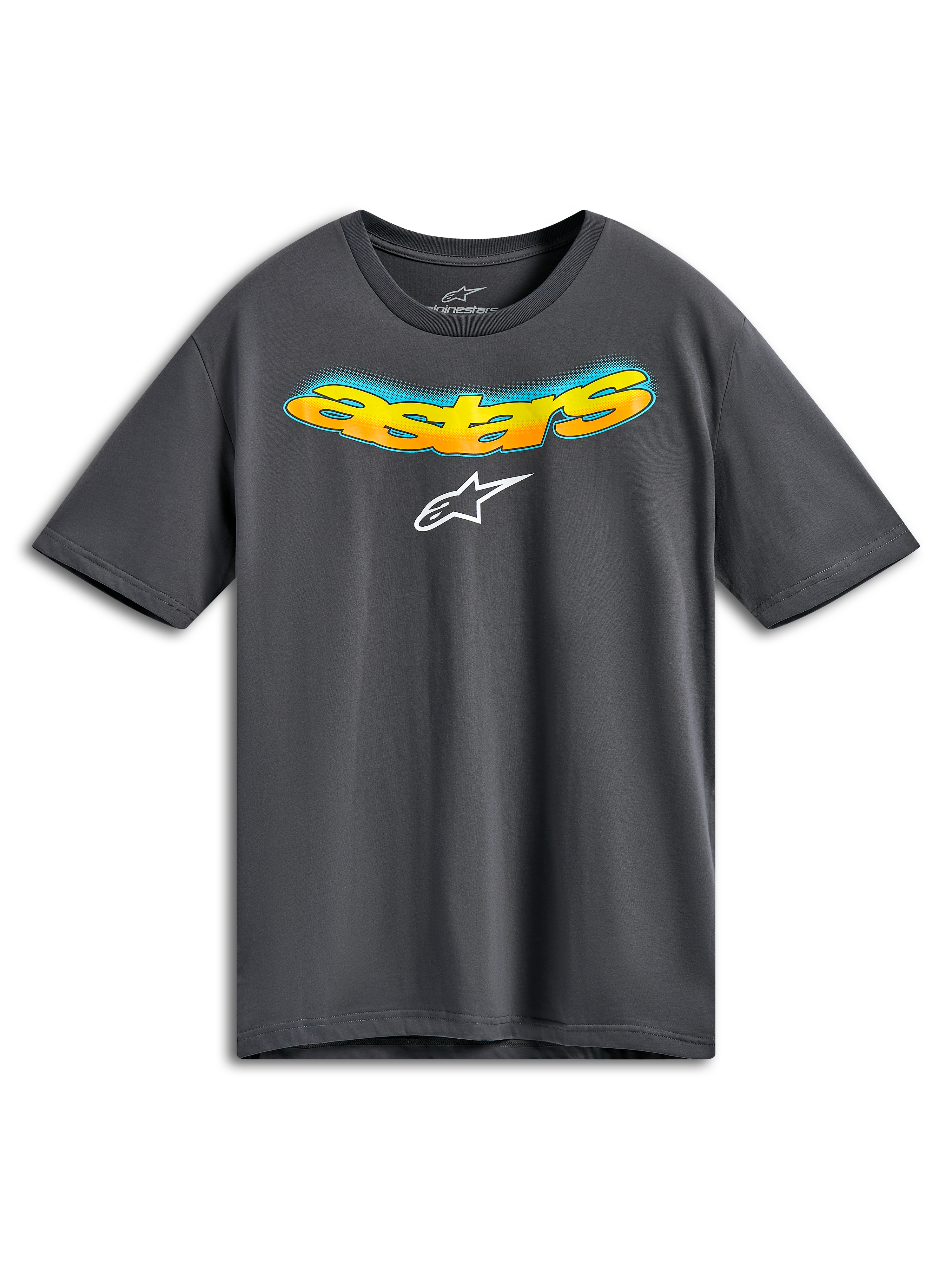 Alpinestars Ellipsoid CSF Tee, camiseta de manga corta, gris carbón, palabra Astars curvada en el frente con degradado naranja y amarillo y detalles de semitono azul, logo de Alpinestars blanco, ropa deportiva casual