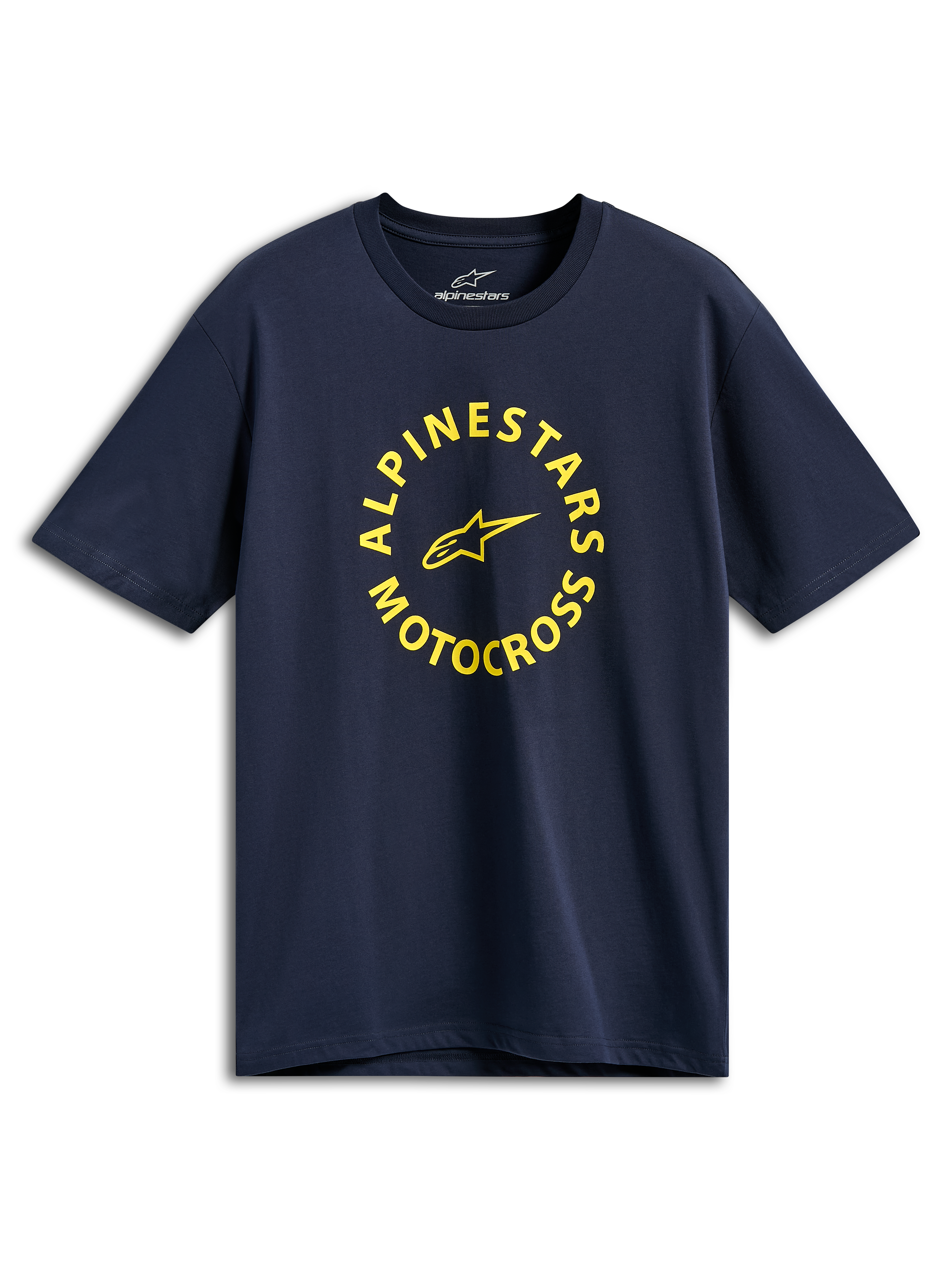 Alpinestars MX CSF Tee, Short Sleeve T-Shirt, Navy Blue, Yellow Alpinestars Motocross circular graphic, Casual Motorsport Streetwear