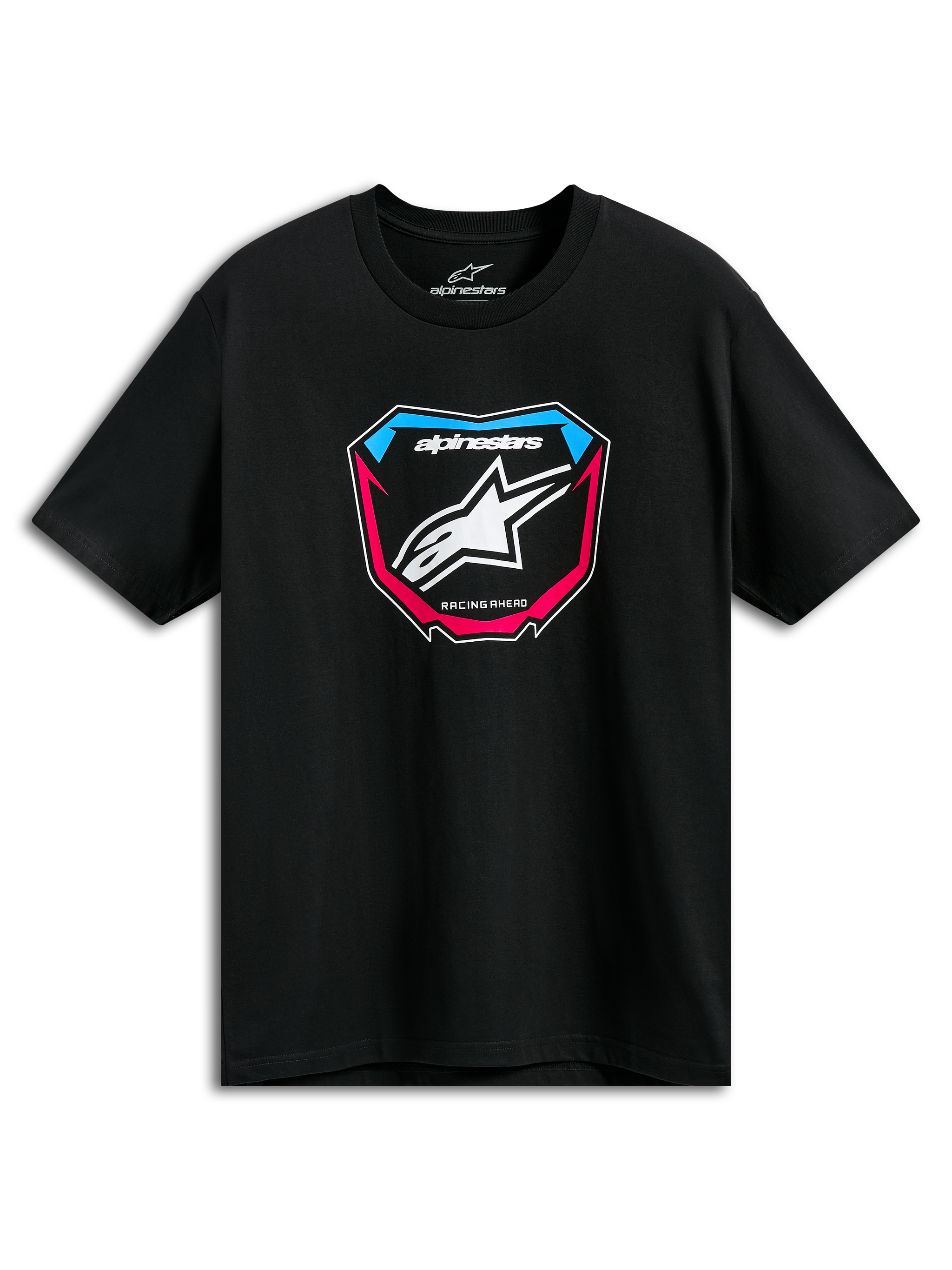 Camiseta Alpinestars Plate CSF, camiseta de manga corta negra, gráfico frontal de placa de MX con logotipo de estrella blanca y detalles en azul y rosa, ropa deportiva casual de motor