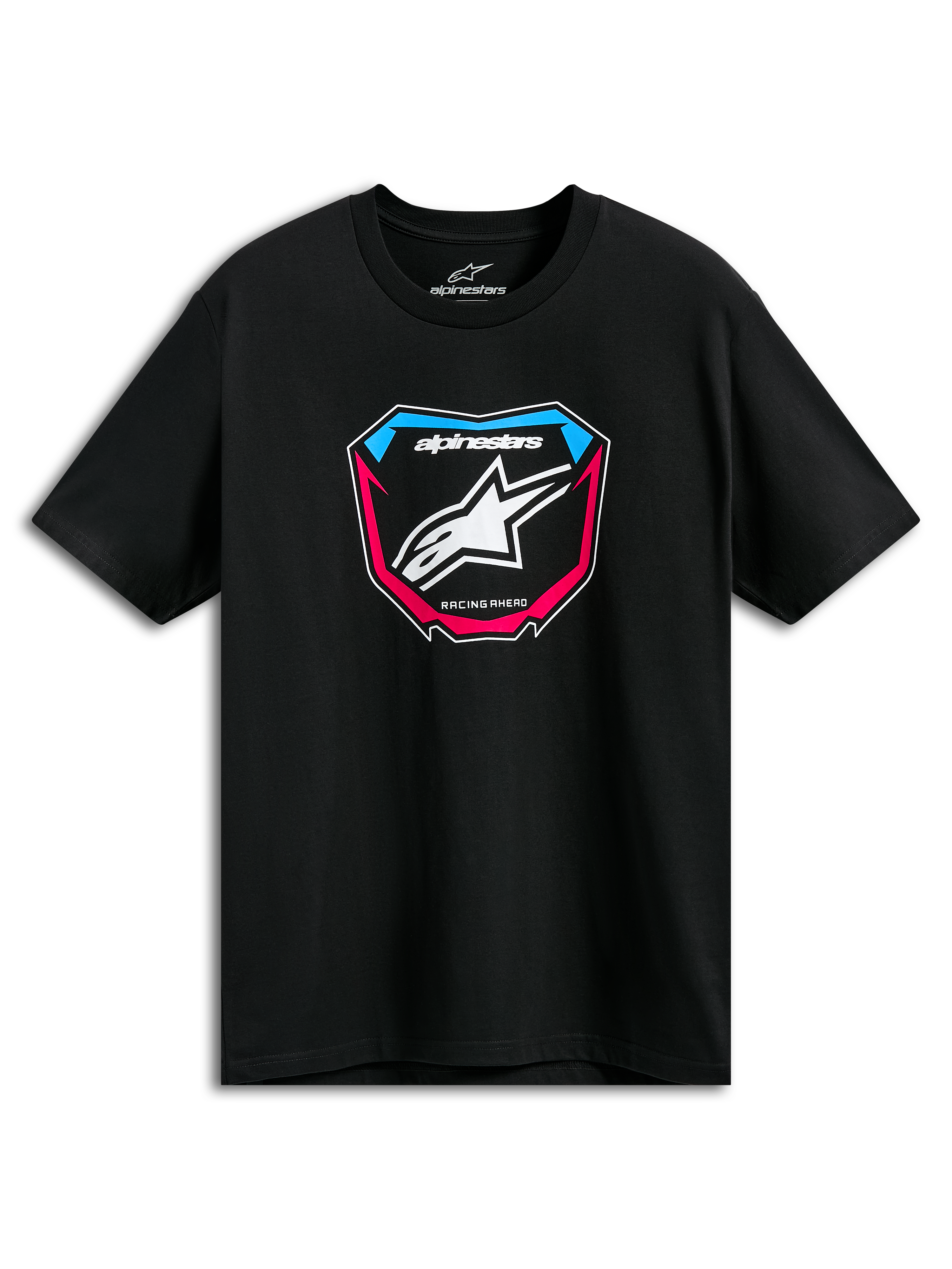 Camiseta Alpinestars Plate CSF, camiseta de manga corta negra, gráfico frontal de placa de MX con logotipo de estrella blanca y detalles en azul y rosa, ropa deportiva casual de motor
