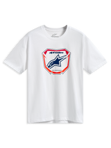 Alpinestars Plate CSF Tee, Short Sleeve T-Shirt, White, Central MX Plate Graphic with Blue Astars Logo and Red and Orange Accents, Casual Motorsport Streetwear