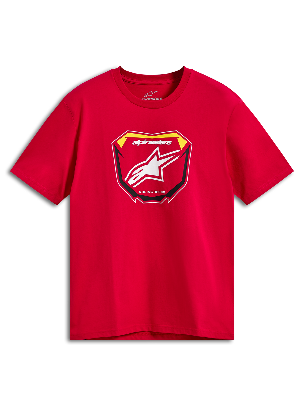 Alpinestars Plate CSF Tee, camiseta de manga corta, roja, gráfico frontal de placa de MX con logotipo Astars blanco y texto Racing Ahead, ropa deportiva casual de motor