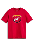 Alpinestars Plate CSF Tee, camiseta de manga corta, roja, gráfico frontal de placa de MX con logotipo Astars blanco y texto Racing Ahead, ropa deportiva casual de motor