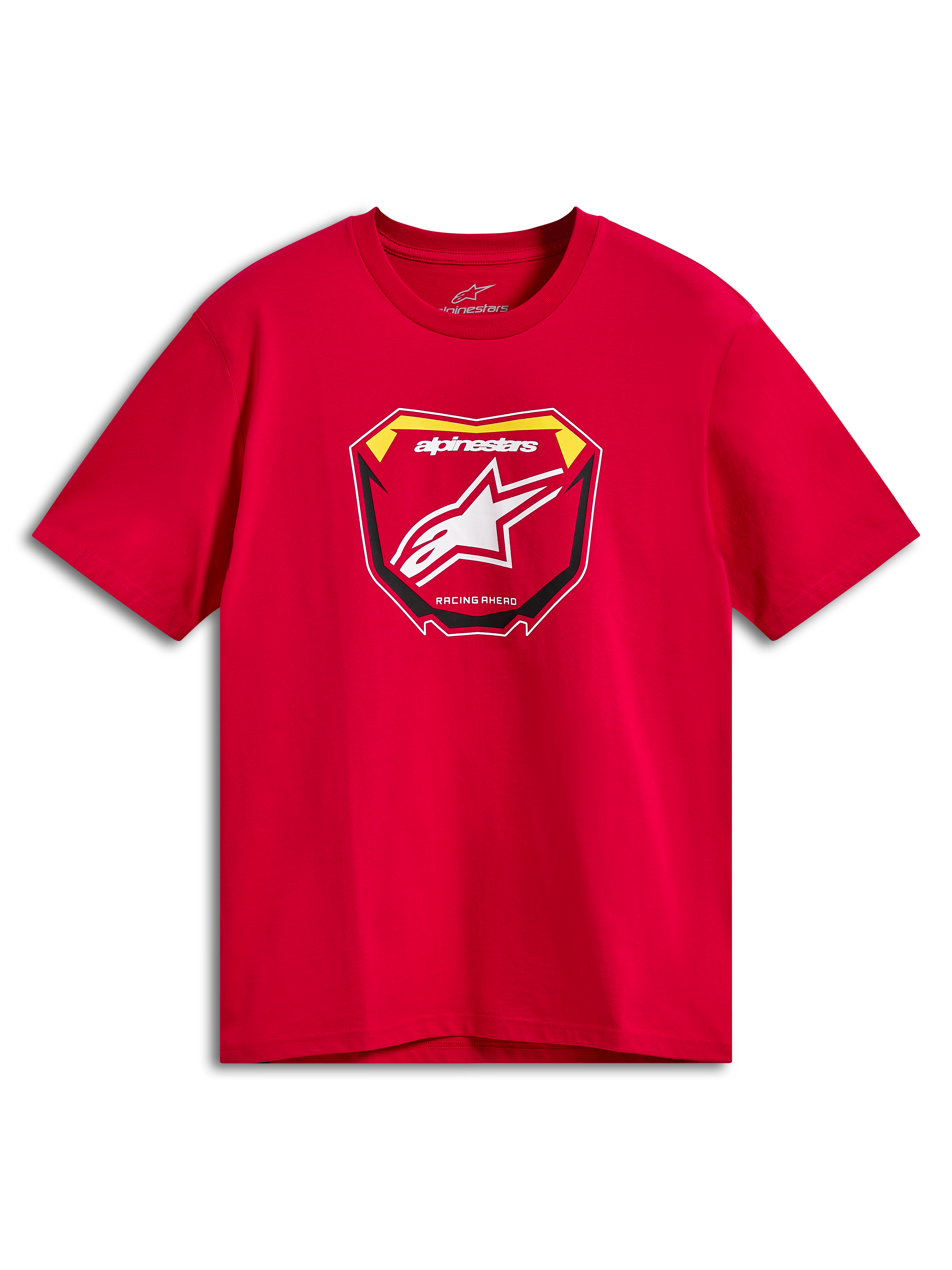 Alpinestars Plate CSF Tee, camiseta de manga corta, roja, gráfico frontal de placa de MX con logotipo Astars blanco y texto Racing Ahead, ropa deportiva casual de motor