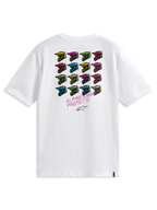 Alpinestars Pop Helmet CSF Tee, Short Sleeve T-Shirt, White, back view featuring a grid of multi-colored M10 helmets and ALPINESTARS PROTECTS text, casual motorsport-inspired streetwear