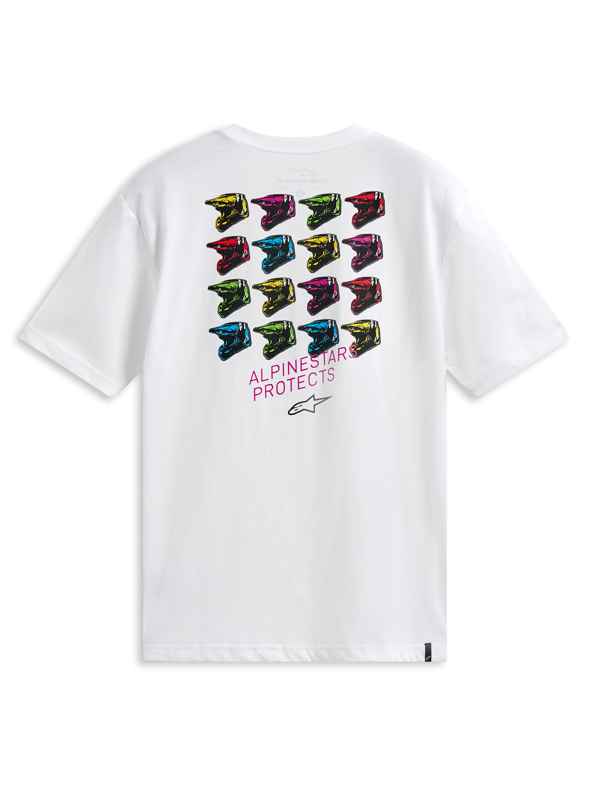 Camiseta Alpinestars Pop Helmet CSF, camiseta de manga corta, blanca, vista posterior con una cuadrícula de cascos M10 multicolores y el texto ALPINESTARS PROTECTS, ropa urbana casual inspirada en el motociclismo