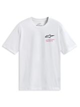 Alpinestars Pop Helmet CSF Tee, camiseta de manga corta, blanca, con el logo frontal de Astars y un gráfico colorido del casco M10 en la espalda, ropa deportiva casual de motor