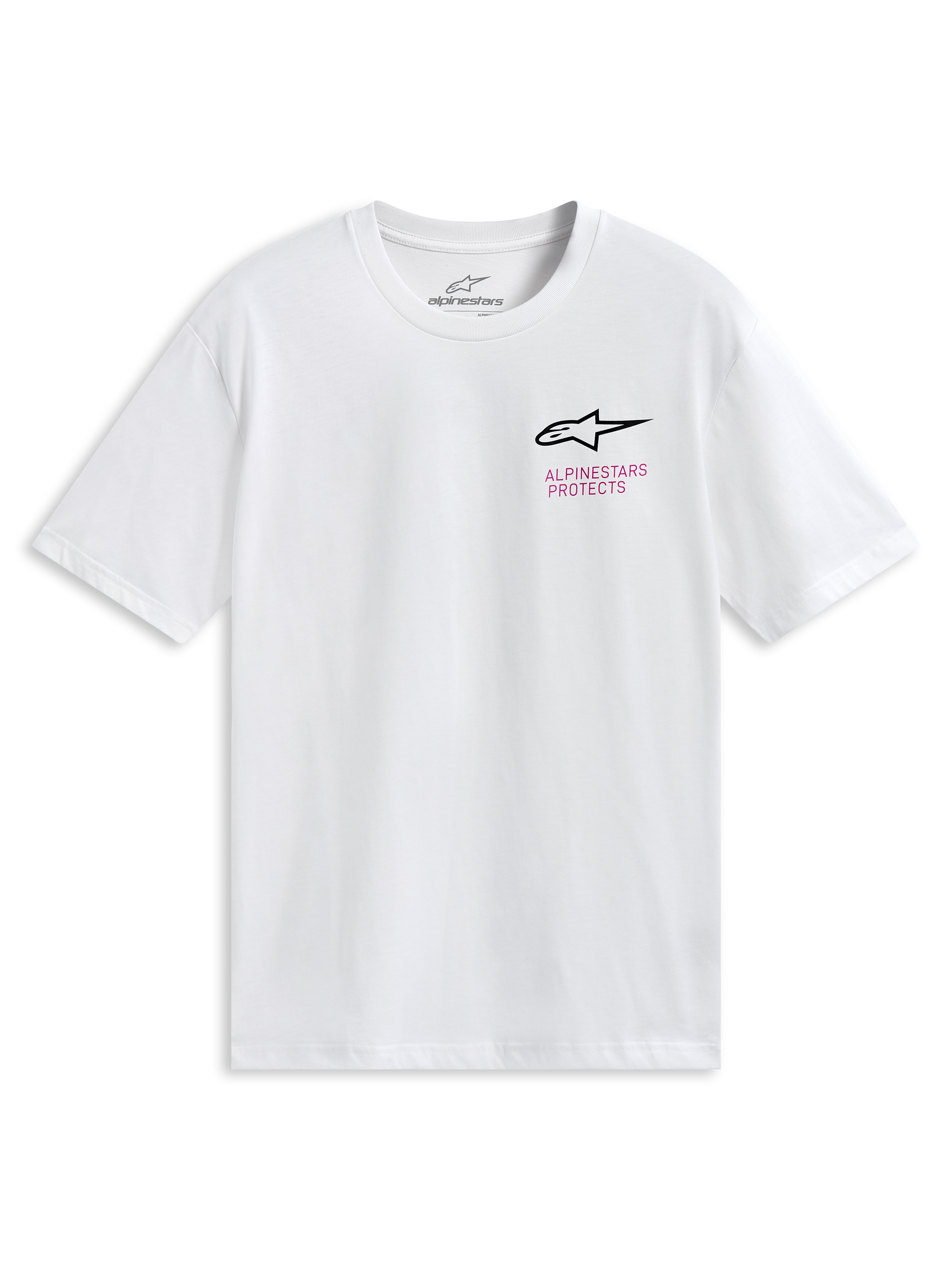 Alpinestars Pop Helmet CSF Tee, camiseta de manga corta, blanca, con el logo frontal de Astars y un gráfico colorido del casco M10 en la espalda, ropa deportiva casual de motor