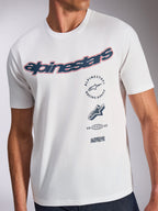 Alpinestars Abus CSF Tee, Short Sleeve T-Shirt, White, Navy Blue and Red Curved Logo, Multi-Stacked Graphics, Casual Motorsport Apparel