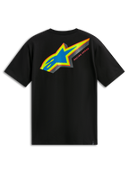 Alpinestars Angler CSF Tee, Short Sleeve T-Shirt, Black, Back View featuring Multi-Color Astars Logo with Blue Perforated Fill and Racing Ahead Text, Casual Motorsport Streetwear