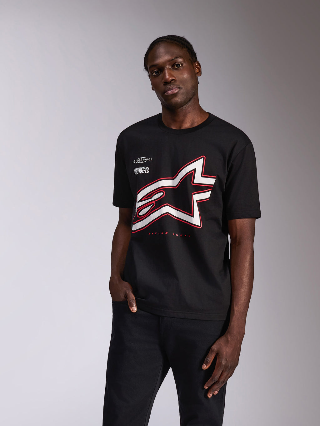 Alpinestars Authority CSF Tee, Short Sleeve T-Shirt, Black, Large White and Red Outlined Astars Logo, Casual Motorsport Streetwear