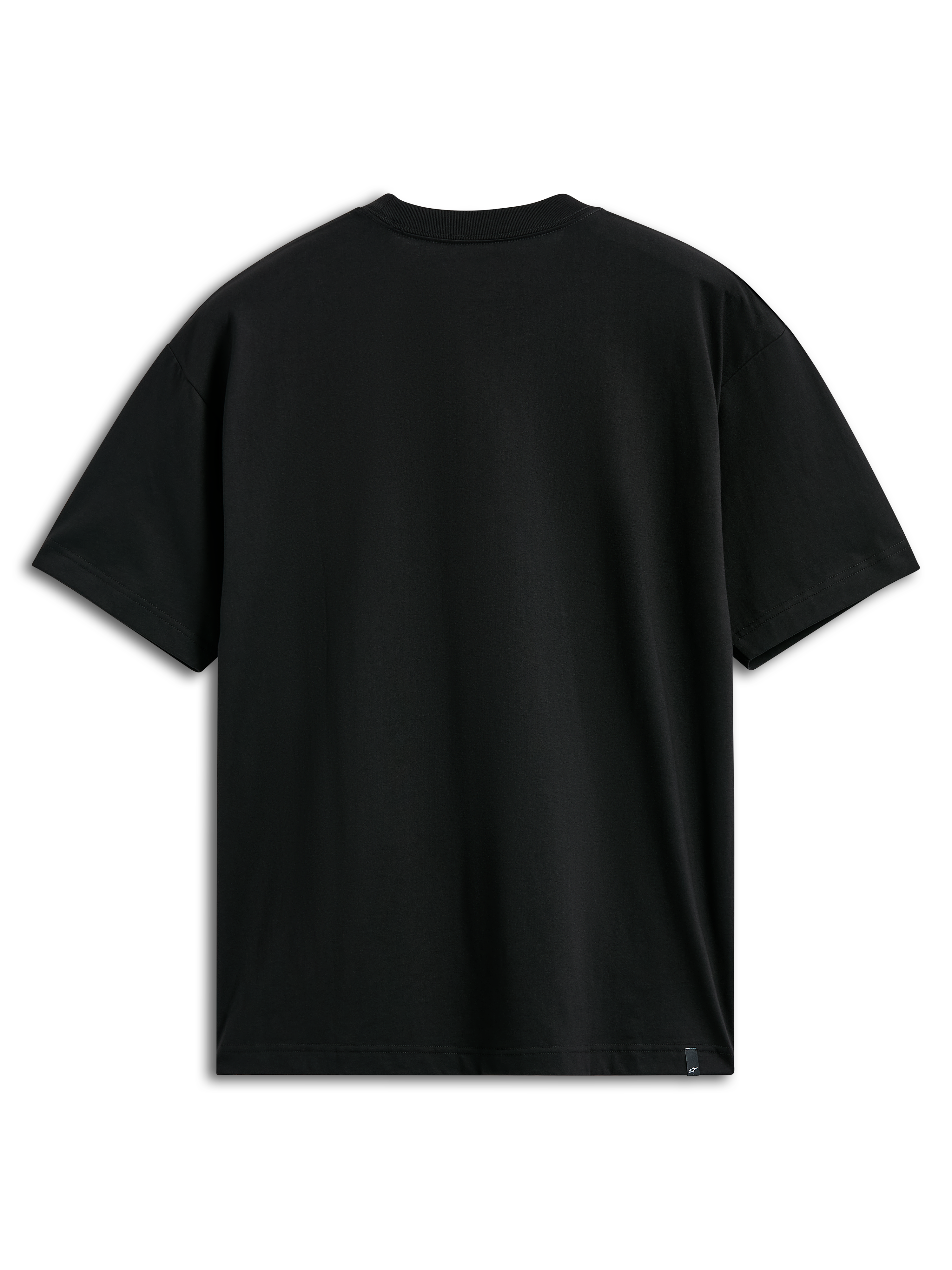 Alpinestars Trifecta CSF Tee, camiseta de manga corta, negra, vista trasera, parte trasera negra lisa con una pequeña etiqueta externa en el dobladillo inferior, ropa deportiva casual