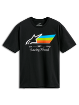 Camiseta Alpinestars Trifecta CSF, camiseta de manga corta negra, con el logotipo de Astars en blanco y rayas en cian, verde y naranja, inscripción 'Racing Ahead', ropa deportiva casual de automovilismo