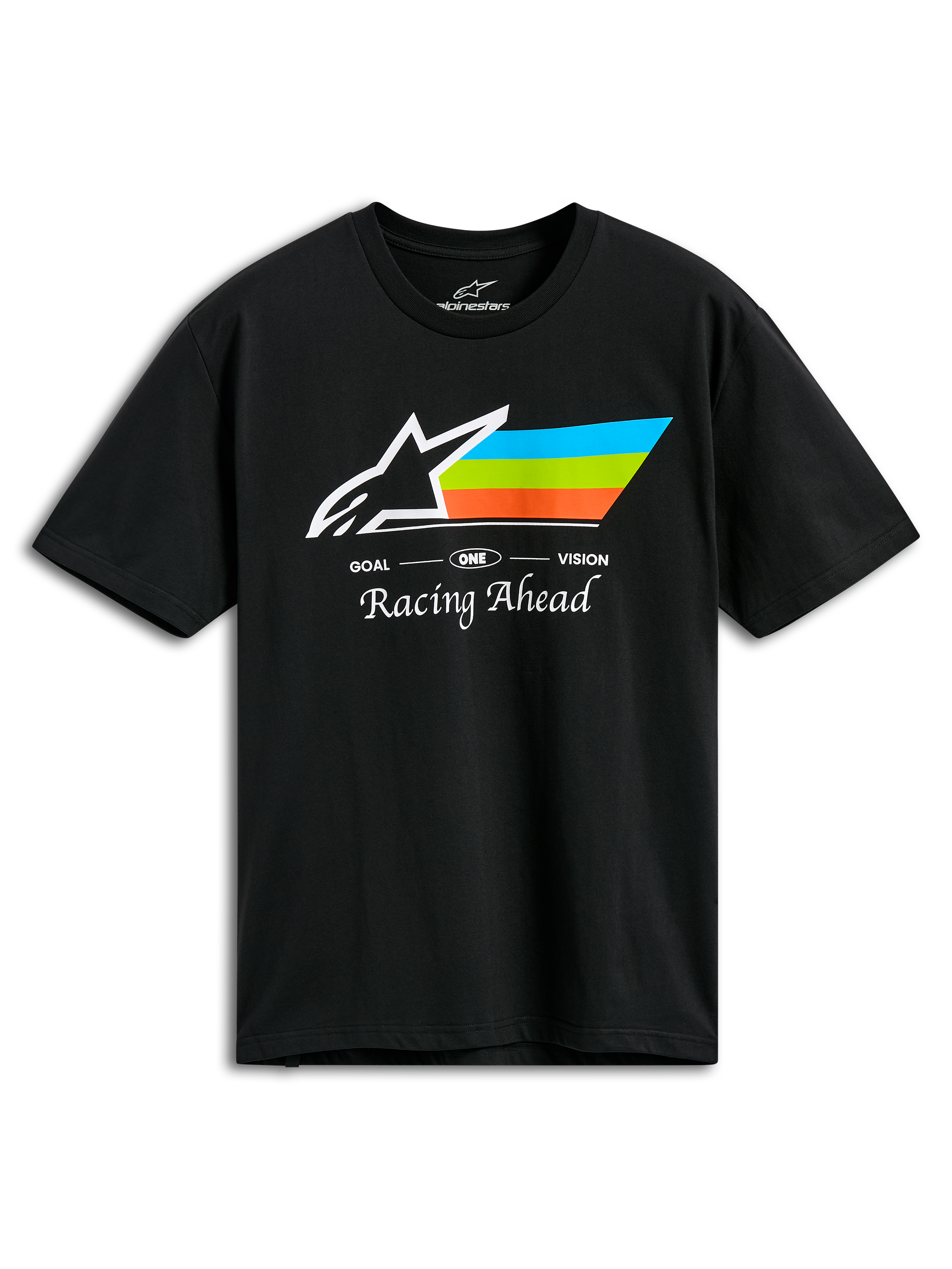 Camiseta Alpinestars Trifecta CSF, camiseta de manga corta negra, con el logotipo de Astars en blanco y rayas en cian, verde y naranja, inscripción 'Racing Ahead', ropa deportiva casual de automovilismo