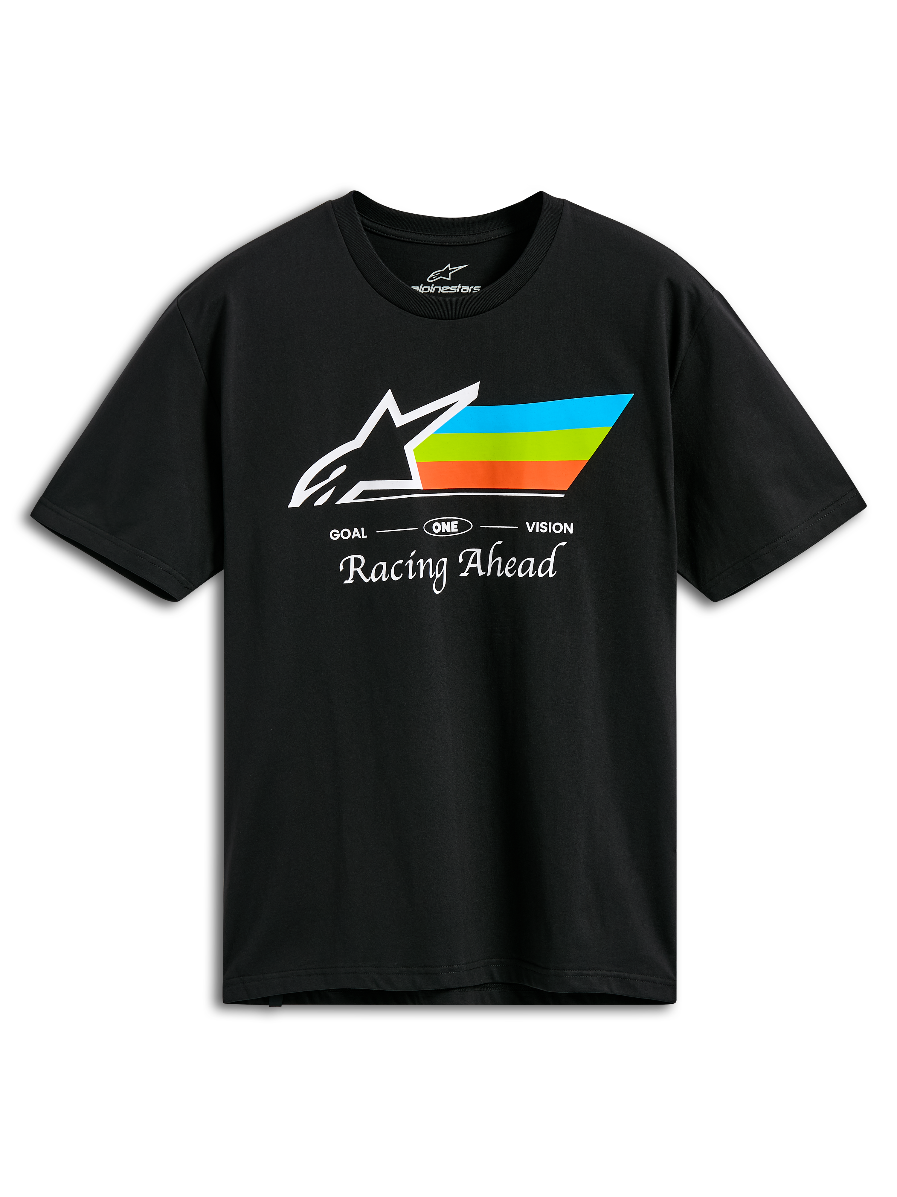 Camiseta Alpinestars Trifecta CSF, camiseta de manga corta negra, con el logotipo de Astars en blanco y rayas en cian, verde y naranja, inscripción 'Racing Ahead', ropa deportiva casual de automovilismo