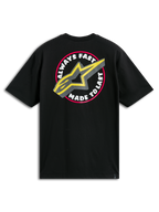 Alpinestars Aorbit CSF Tee, Short Sleeve T-Shirt, Black, Large Circular Back Graphic with Always Fast Made to Last text and Yellow A-star logo, Casual Motorsport Streetwear
