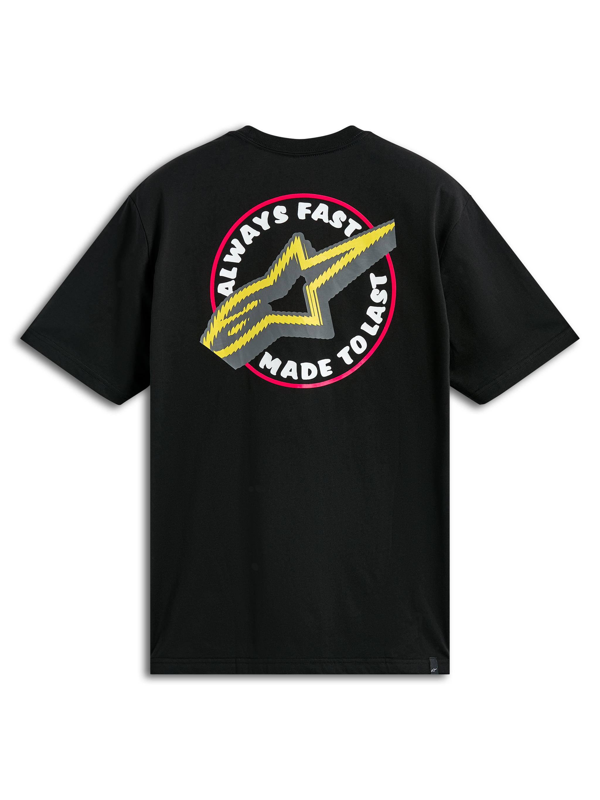 Alpinestars Aorbit CSF Tee, Short Sleeve T-Shirt, Black, Large Circular Back Graphic with Always Fast Made to Last text and Yellow A-star logo, Casual Motorsport Streetwear