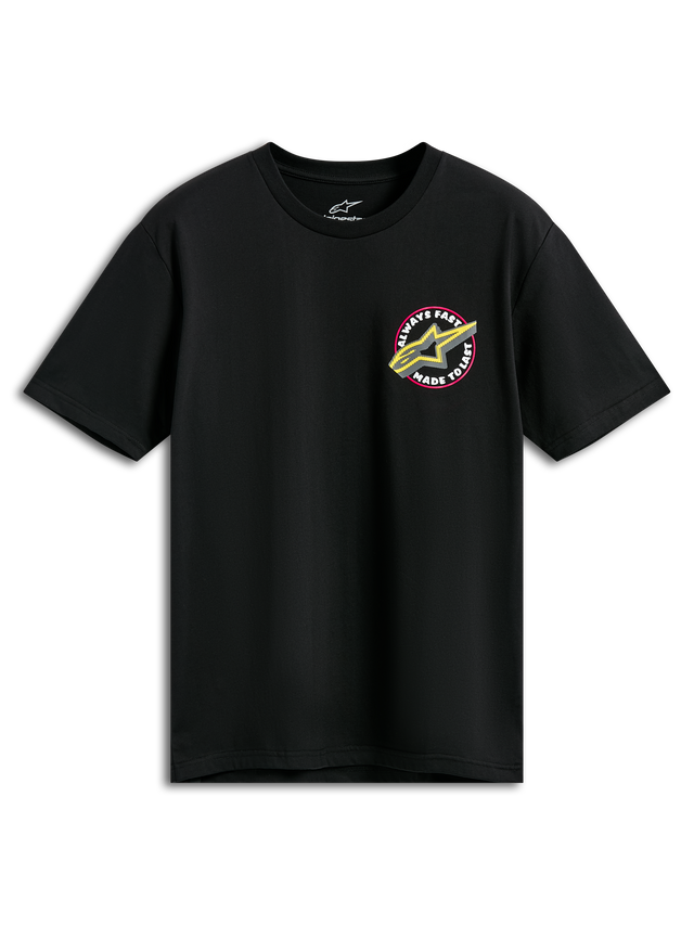 Alpinestars Aorbit CSF Tee, Short Sleeve T-Shirt, Black, Pink and Yellow Astars Logo with Always Fast Made to Last graphic, Casual Motorsport Sportswear