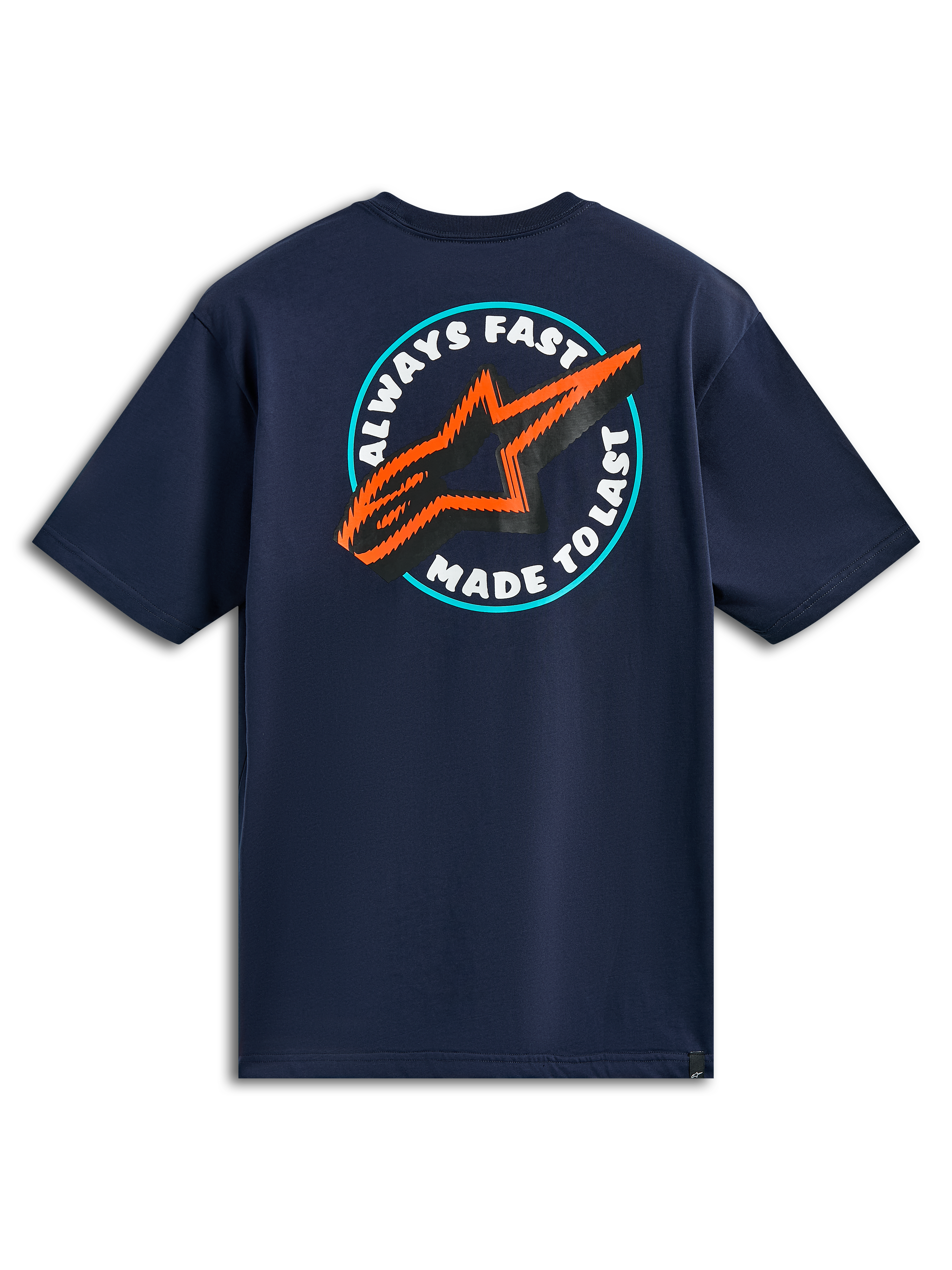 Alpinestars Aorbit CSF Tee, Short Sleeve T-Shirt, Navy Blue, Back View featuring Always Fast Made to Last circular graphic with orange and black star logo, Casual Motorsport Streetwear