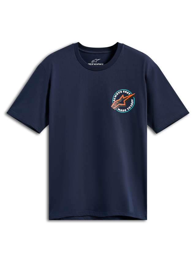 Alpinestars Aorbit CSF Tee, Short Sleeve T-Shirt, Navy Blue, Circular Chest Graphic with Orange Astars Logo and Always Fast Made to Last text, Casual Motorsport Sportswear