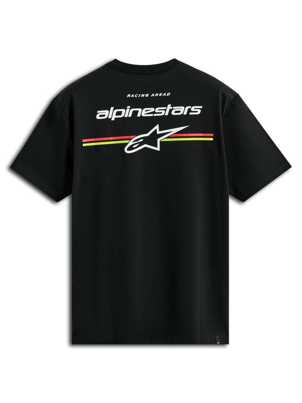 Camiseta Alpinestars Lanes CSF, camiseta de manga corta, negra, logotipos Alpinestars y Astars blancos con rayas horizontales naranjas y amarillas en la espalda, ropa urbana casual de motorsport