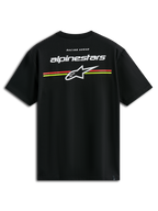 Camiseta Alpinestars Lanes CSF, camiseta de manga corta, negra, logotipos Alpinestars y Astars blancos con rayas horizontales naranjas y amarillas en la espalda, ropa urbana casual de motorsport