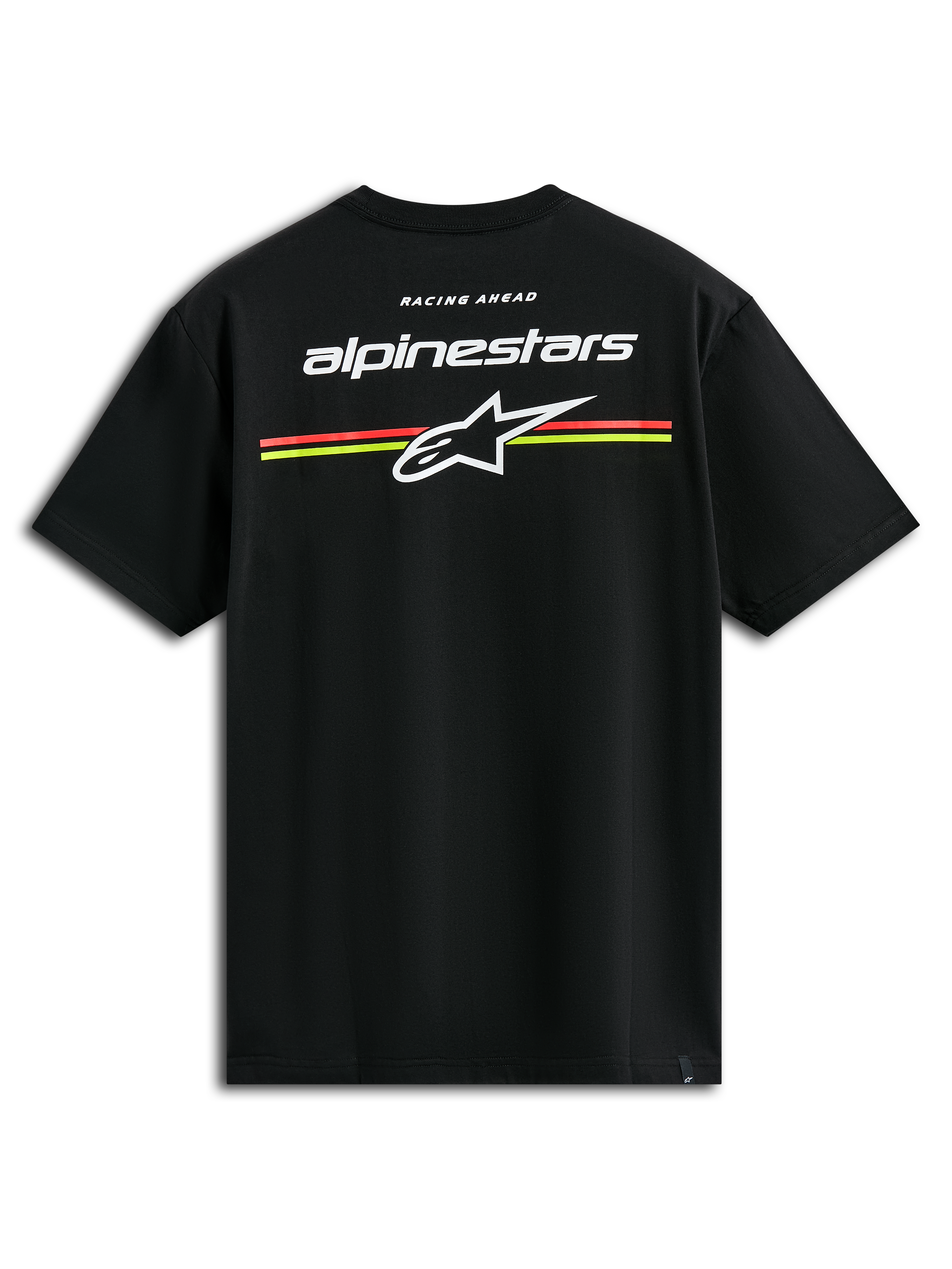 Camiseta Alpinestars Lanes CSF, camiseta de manga corta, negra, logotipos Alpinestars y Astars blancos con rayas horizontales naranjas y amarillas en la espalda, ropa urbana casual de motorsport