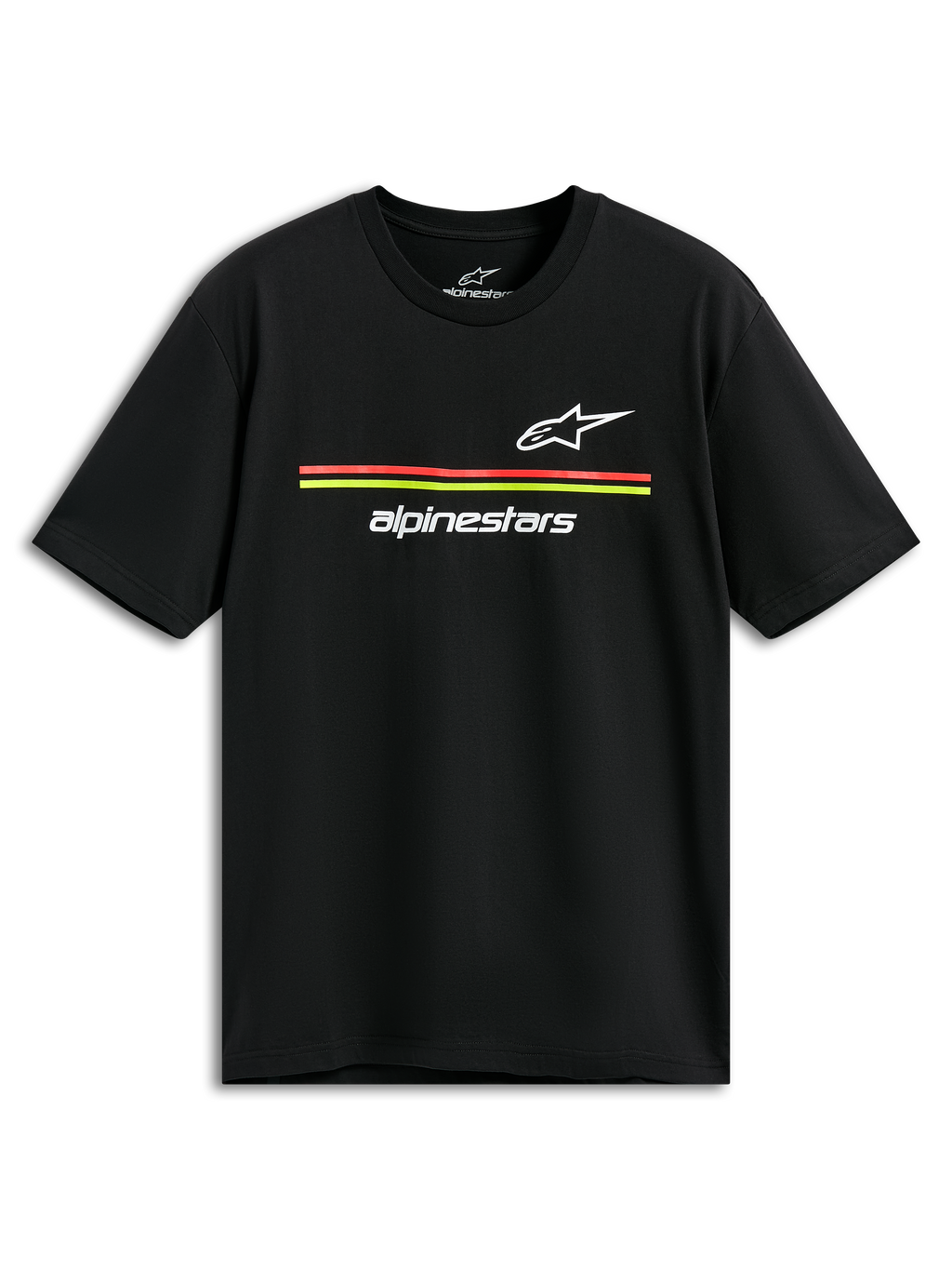 Alpinestars Lanes CSF Tee, camiseta de manga corta, negra, logotipos de Astars y Alpinestars blancos con rayas rojas y amarillas, estilo casual de inspiración motorsport
