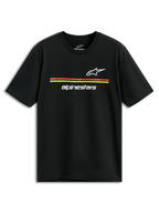 Alpinestars Lanes CSF Tee, camiseta de manga corta, negra, logotipos de Astars y Alpinestars blancos con rayas rojas y amarillas, estilo casual de inspiración motorsport