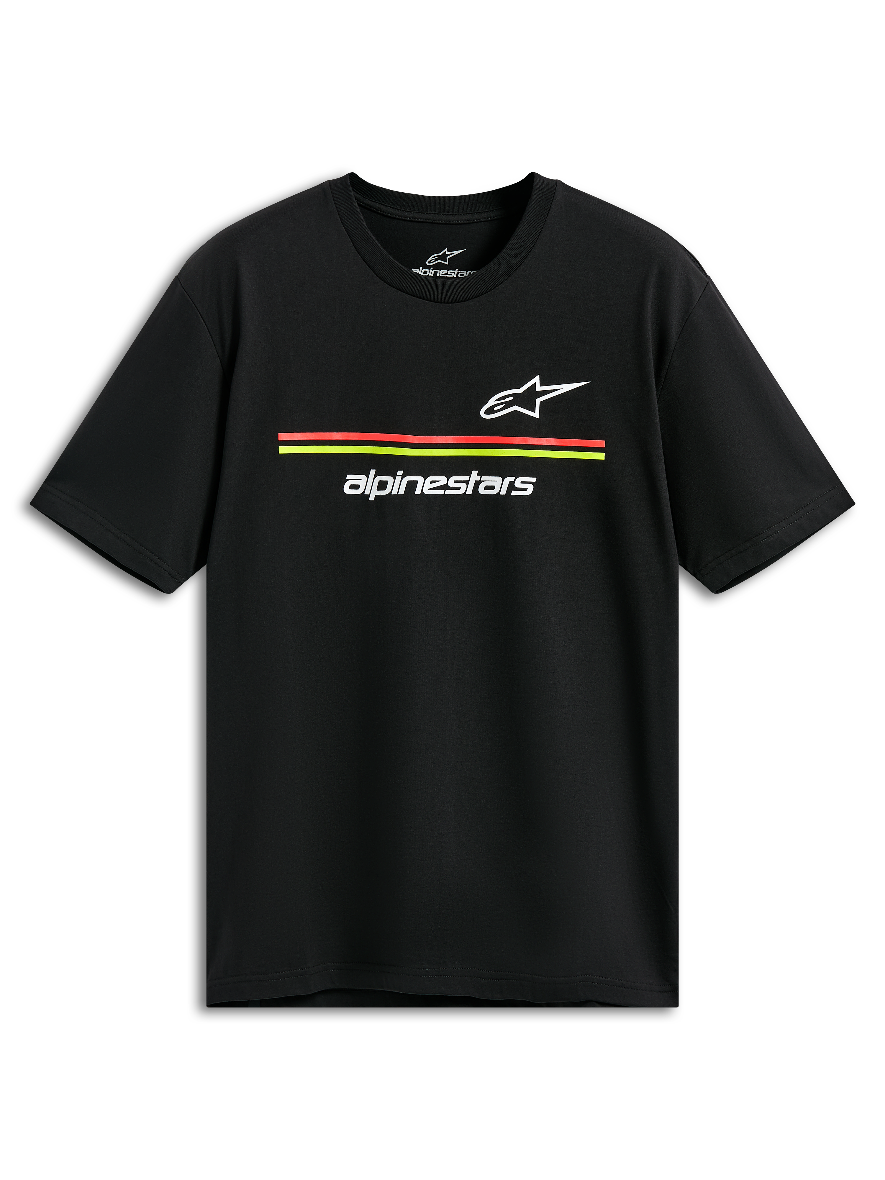 Alpinestars Lanes CSF Tee, camiseta de manga corta, negra, logotipos de Astars y Alpinestars blancos con rayas rojas y amarillas, estilo casual de inspiración motorsport