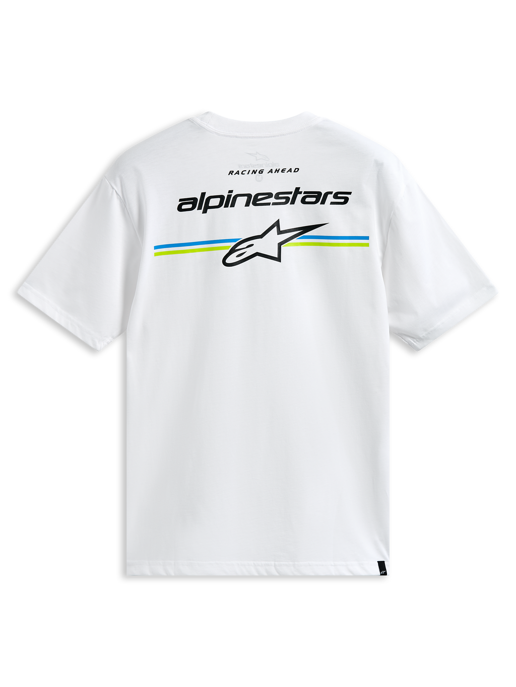 Alpinestars Lanes CSF Tee, camiseta de manga corta, blanca, con el nombre de Alpinestars y el logotipo Astars sobre rayas azules y verde lima en la parte trasera, ropa urbana casual de estilo motorsport