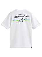 Alpinestars Lanes CSF Tee, camiseta de manga corta, blanca, con el nombre de Alpinestars y el logotipo Astars sobre rayas azules y verde lima en la parte trasera, ropa urbana casual de estilo motorsport