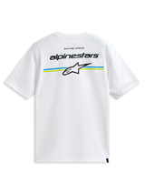 Alpinestars Lanes CSF Tee, camiseta de manga corta, blanca, con el nombre de Alpinestars y el logotipo Astars sobre rayas azules y verde lima en la parte trasera, ropa urbana casual de estilo motorsport