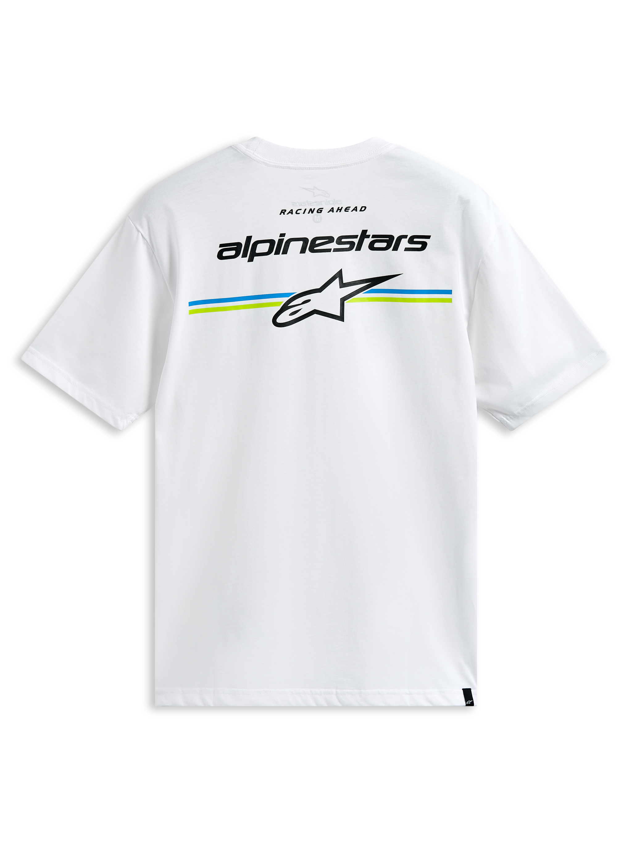 Alpinestars Lanes CSF Tee, camiseta de manga corta, blanca, con el nombre de Alpinestars y el logotipo Astars sobre rayas azules y verde lima en la parte trasera, ropa urbana casual de estilo motorsport