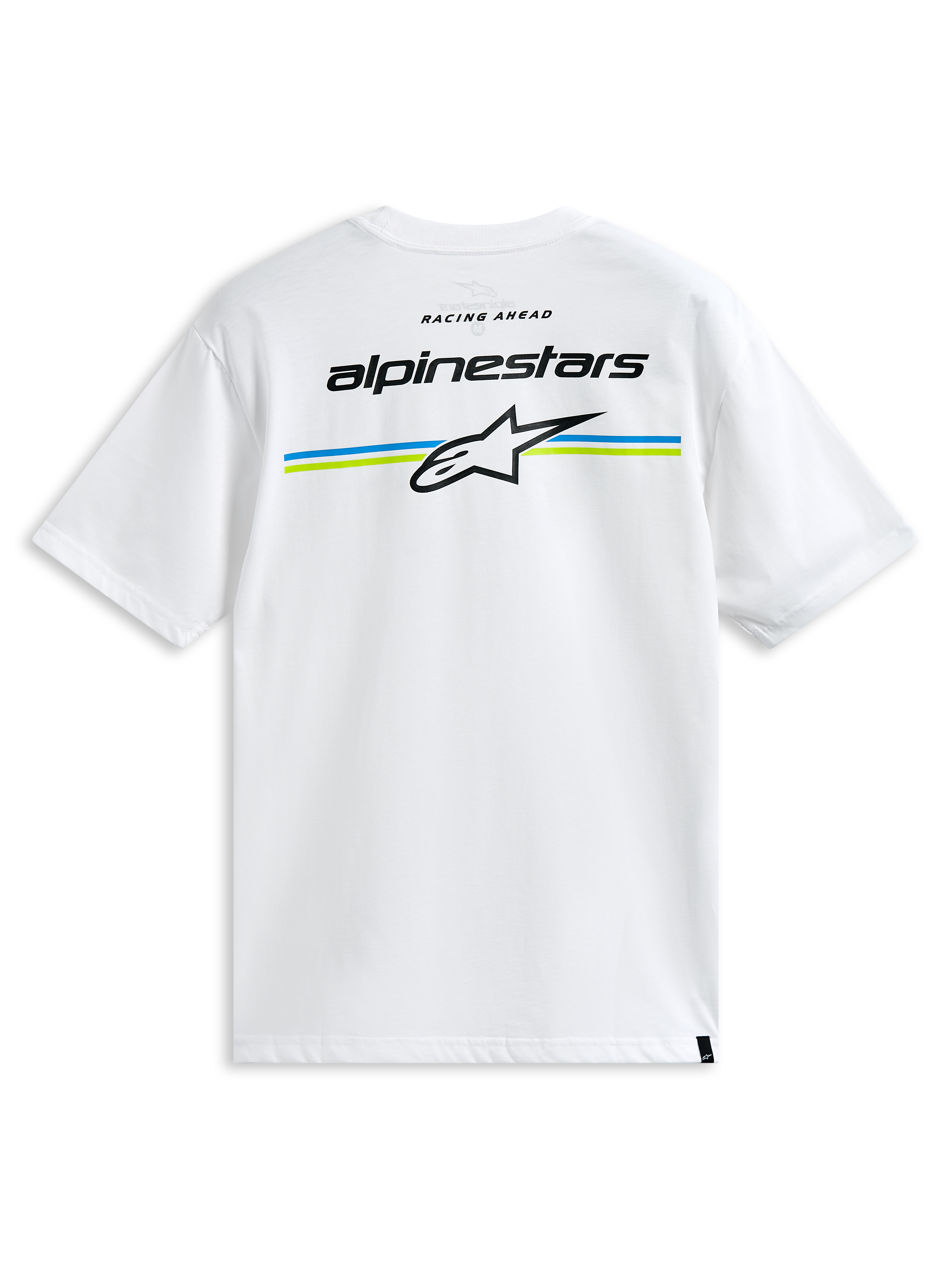 Alpinestars Lanes CSF Tee, camiseta de manga corta, blanca, con el nombre de Alpinestars y el logotipo Astars sobre rayas azules y verde lima en la parte trasera, ropa urbana casual de estilo motorsport