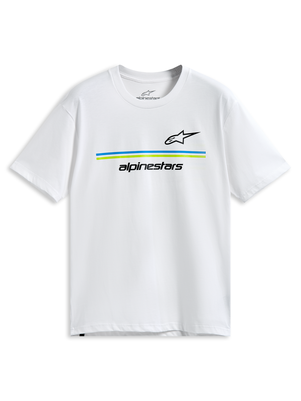 Alpinestars Lanes CSF Tee, camiseta de manga corta, blanca, logotipos Astars y Alpinestars en negro con franjas horizontales azul y verde lima, ropa deportiva casual de motor
