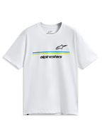 Alpinestars Lanes CSF Tee, camiseta de manga corta, blanca, logotipos Astars y Alpinestars en negro con franjas horizontales azul y verde lima, ropa deportiva casual de motor
