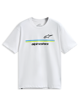 Alpinestars Lanes CSF Tee, camiseta de manga corta, blanca, logotipos Astars y Alpinestars en negro con franjas horizontales azul y verde lima, ropa deportiva casual de motor