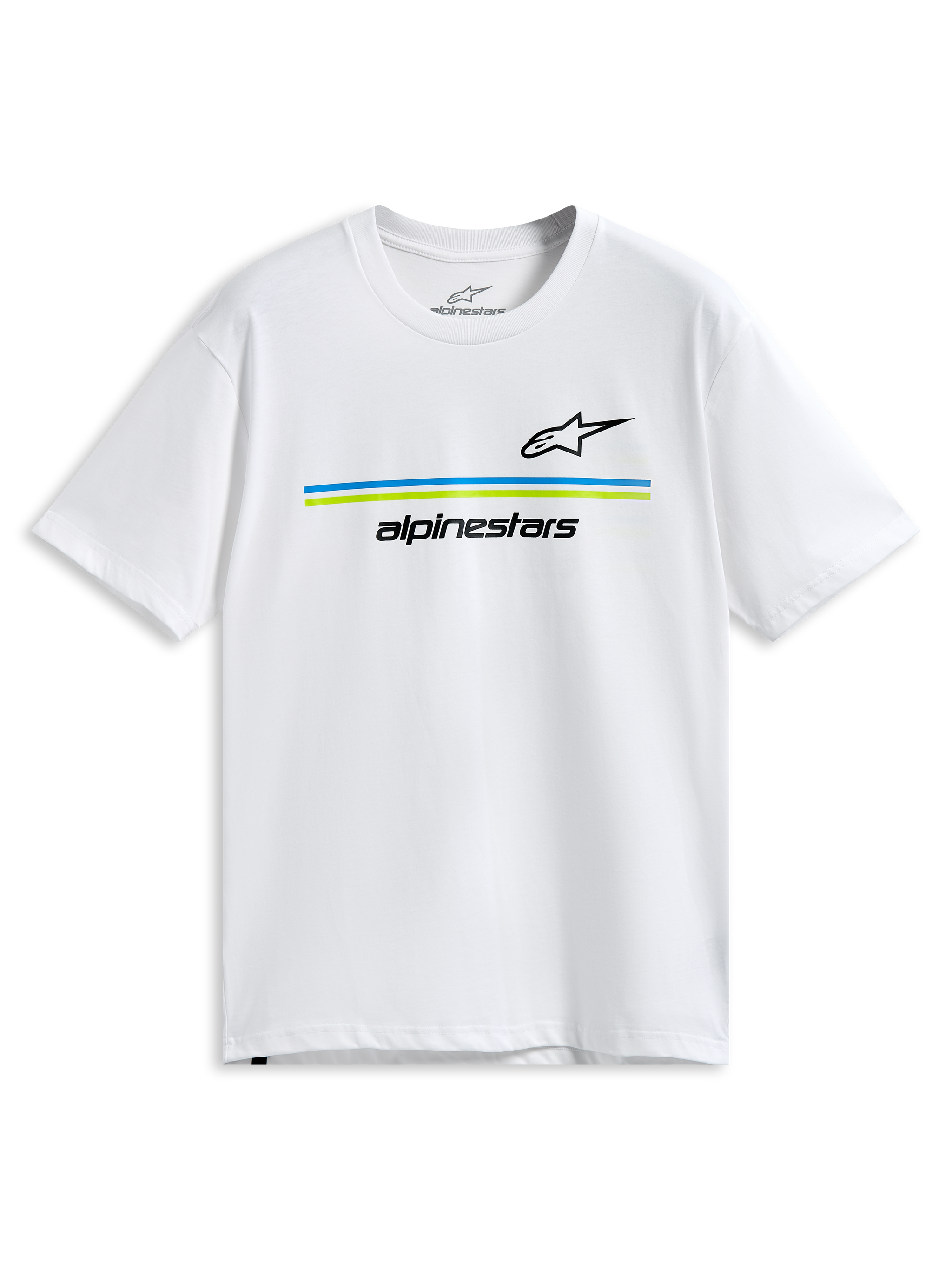 Alpinestars Lanes CSF Tee, camiseta de manga corta, blanca, logotipos Astars y Alpinestars en negro con franjas horizontales azul y verde lima, ropa deportiva casual de motor
