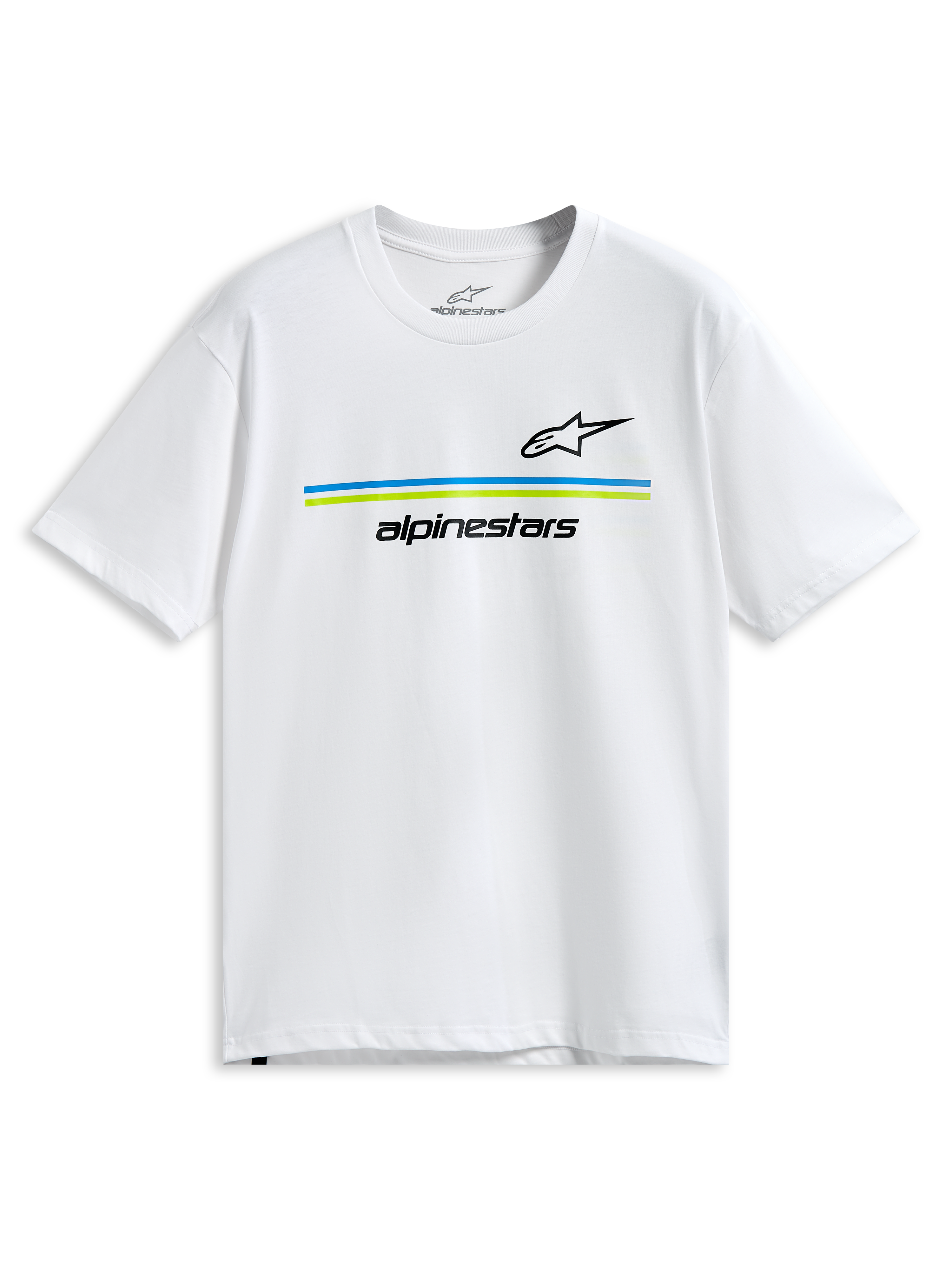 Alpinestars Lanes CSF Tee, camiseta de manga corta, blanca, logotipos Astars y Alpinestars en negro con franjas horizontales azul y verde lima, ropa deportiva casual de motor