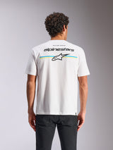 Camiseta Alpinestars Lanes CSF, de manga corta, blanca, vista posterior con rayas multicolores y logotipos de Alpinestars y Astars, ropa urbana casual de automovilismo